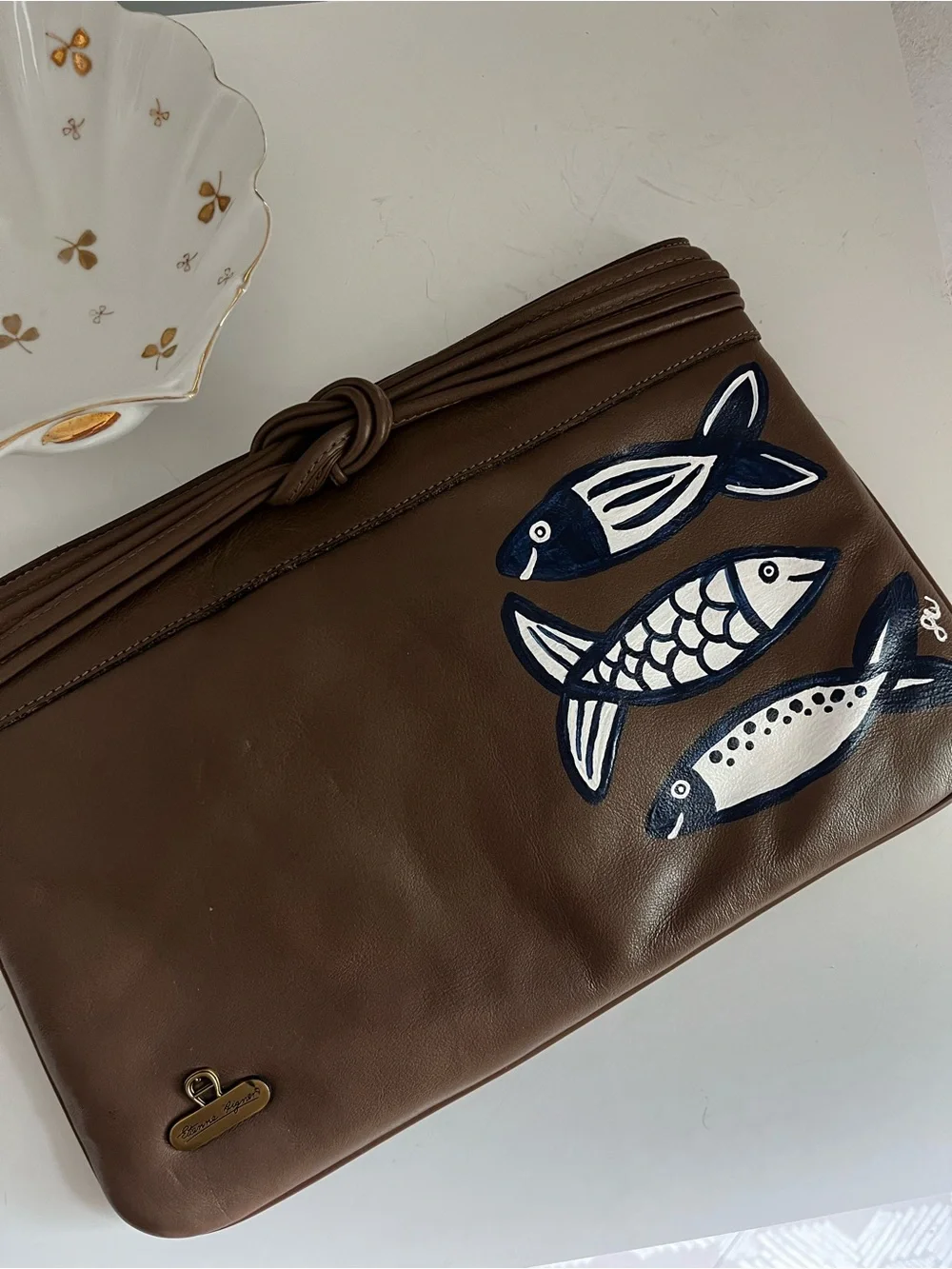 Etienne Aigner Brown Clutch with Navy & White Sardine Fish Motif